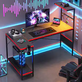RSPGAME - 57.4'' L-Shaped Gaming Desk with LED Lights, Computer Desk with Shelf Holder & Hook, Gaming Table for Home Office - Black & Red