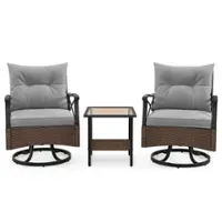 Costway 3 PCS Patio Swivel Rocker Set with 2-Tier Coffee Table & Cozy Seat Back Cushions - Mix Brown + Grey - Front_Zoom