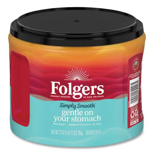 Folgers  
PROUDLY ROASTED IN NEW ORLEANS  

Simply Smooth  
gentle on your stomach  

MILD ROAST  
MAKES UP TO 210 FL. OZ. CUPS  

NET WT 27 OZ (1 LB 11 OZ) 765g  
GROUND COFFEE
