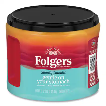 Folgers
PROUDLY ROASTED IN NEW ORLEANS
Simply Smooth
gentle on your stomach
MILD ROAST
MAKES UP TO 210 FL. OZ. CUPS
NET WT 27 OZ (1 LB 11 OZ) 765g
GROUND COFFEE