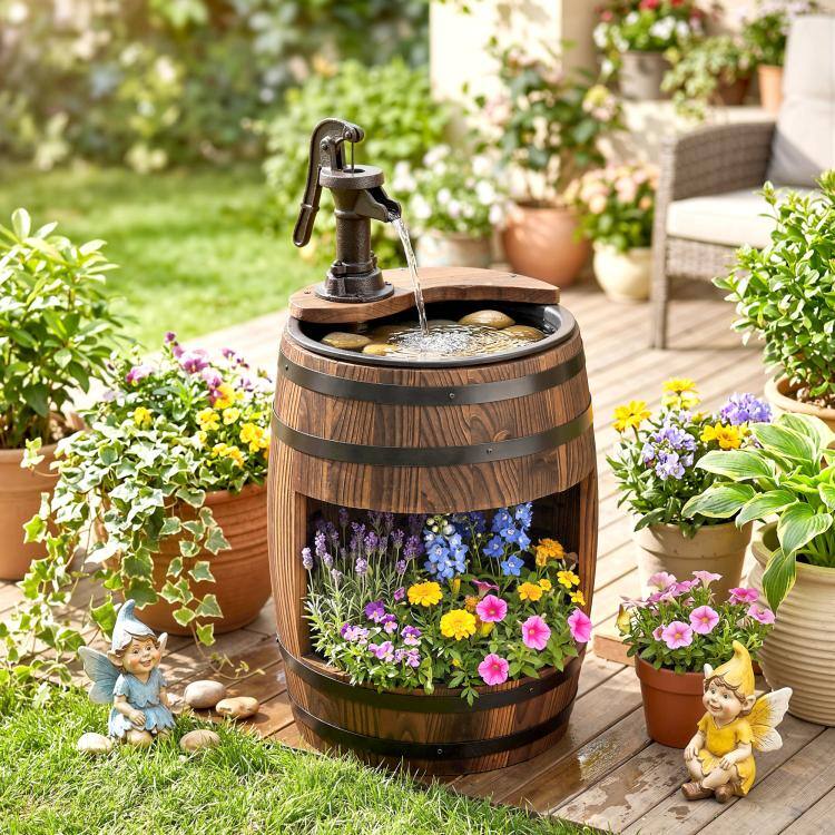 Alt View 2. PULUZ - 23 inch H Outdoor Water Fountain Wood and Plastic Rustic Apple Barrel Pump Garden Decor for Outside Backyard.