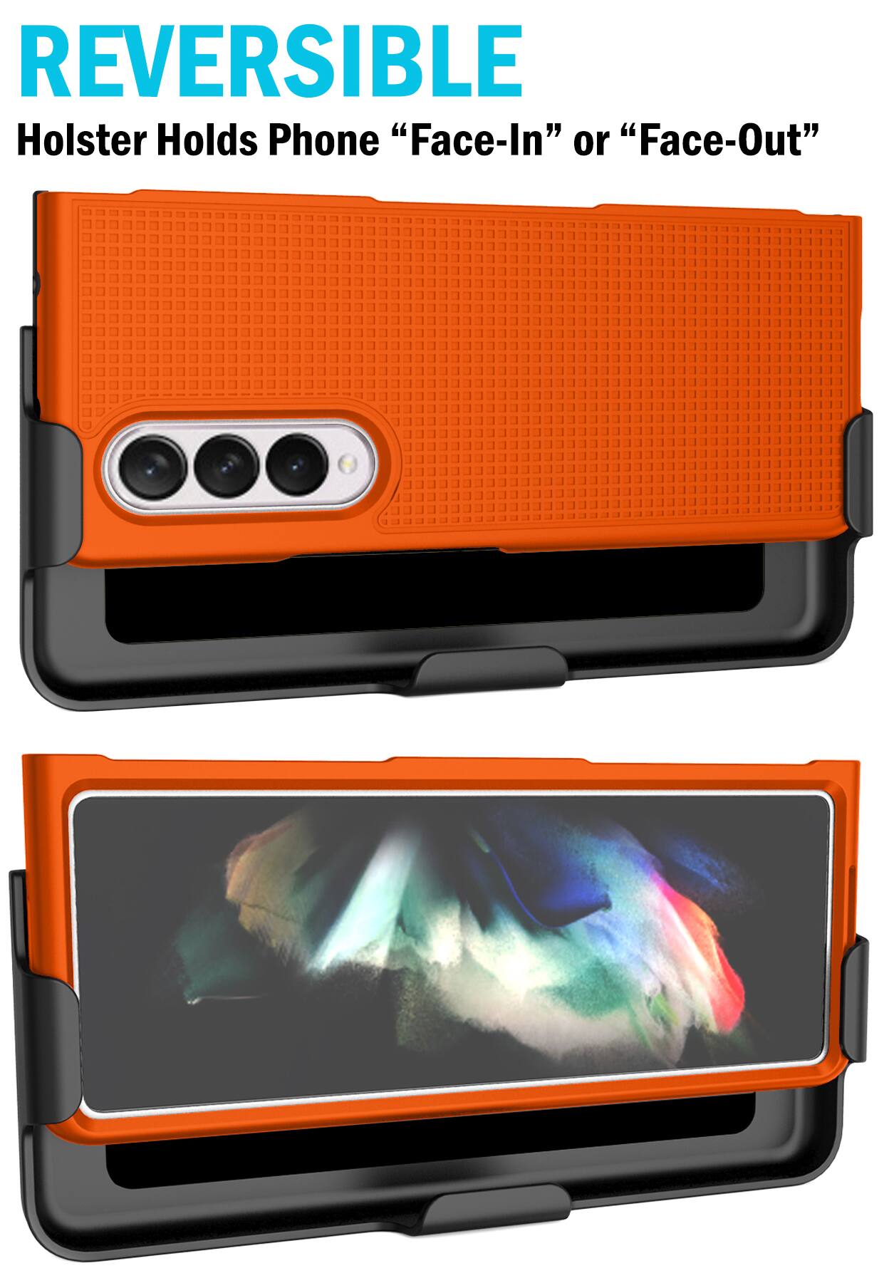 REVERSIBLE  
Holster Holds Phone "Face-In" or "Face-Out"