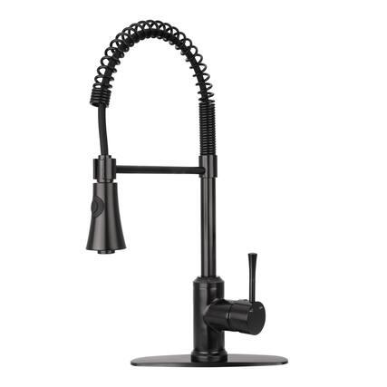 Front. Akicon - Akicon Pre-Rinse Spring Solid Brass Single Handle 360° Swivel Kitchen Faucet with Pull Down Sprayer in Matte Black - Matte Black.