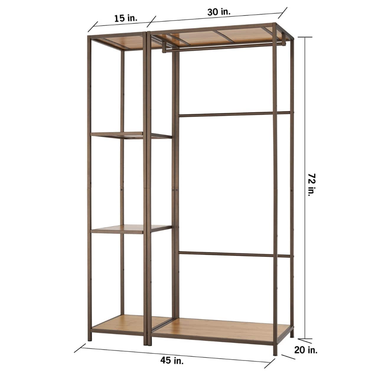 The image shows a wooden shelf with a height of 72 inches. The shelf has a width of 45 inches and a depth of 20 inches. The shelf is made of wood and is designed to hold items securely.