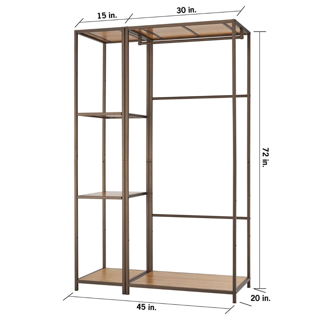 The image shows a wooden shelf with a height of 72 inches. The shelf has a width of 45 inches and a depth of 20 inches. The shelf is made of wood and is designed to hold items securely.