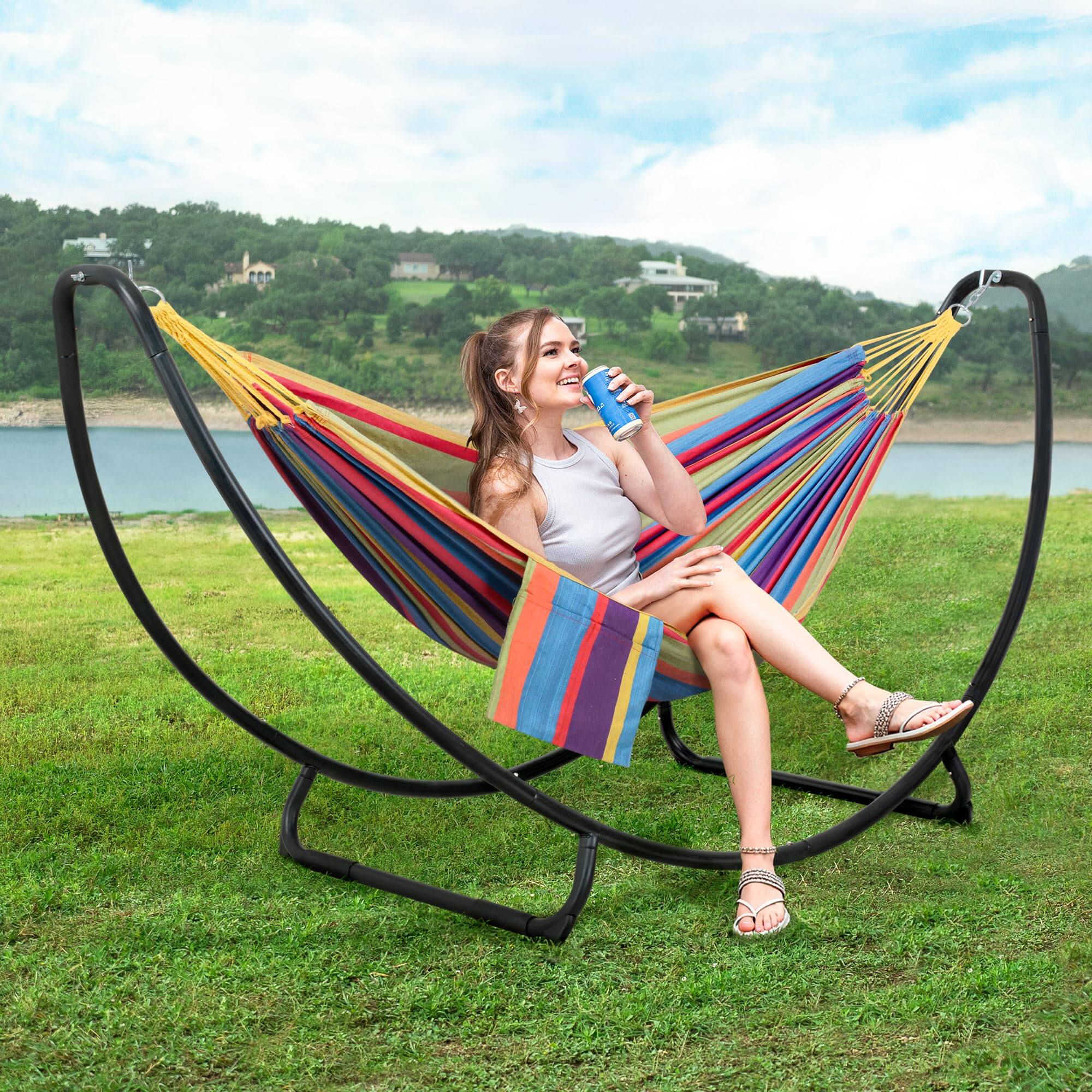Left. JETRANSPORT - Portable Space Saving Hammock With Stand Two Person Included Pending Rainbow Stable Hammock Frame: SUNCREAT - Light Gray.