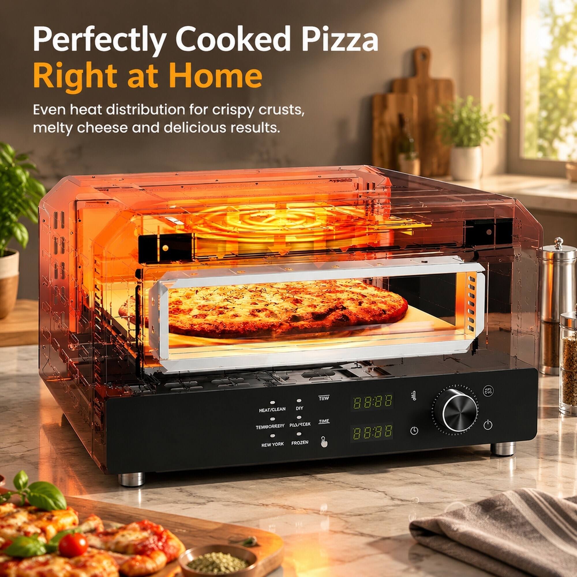 Perfectly Cooked Pizza Right at Home  
Even heat distribution for crispy crusts, melty cheese and delicious results.  

HEAT/CLEAN  
DIY TIME  
TEMPORRENY  
NEW YORK  
FROZEN