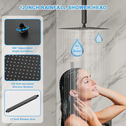 12 INCH RAINFALL SHOWER HEAD
- 360° Adjustment Angle Connector
- 144 Anti-microbial Silicone Nozzles
- 12 Inch Shower Arm
- Air + Water