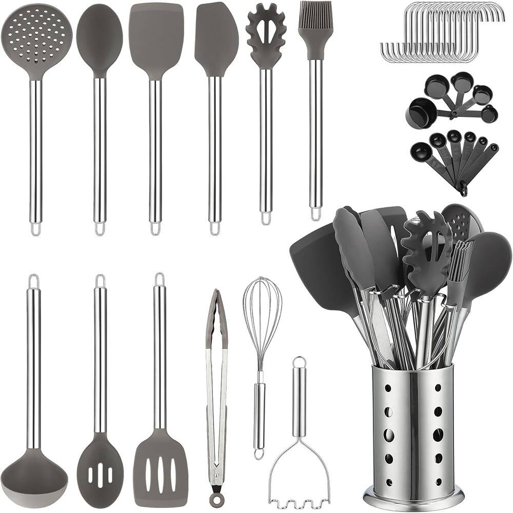 RTMB - Set of 38 non-stick silicone cooking utensils, a sturdy stainless steel holder - 2. With Utensil Rack