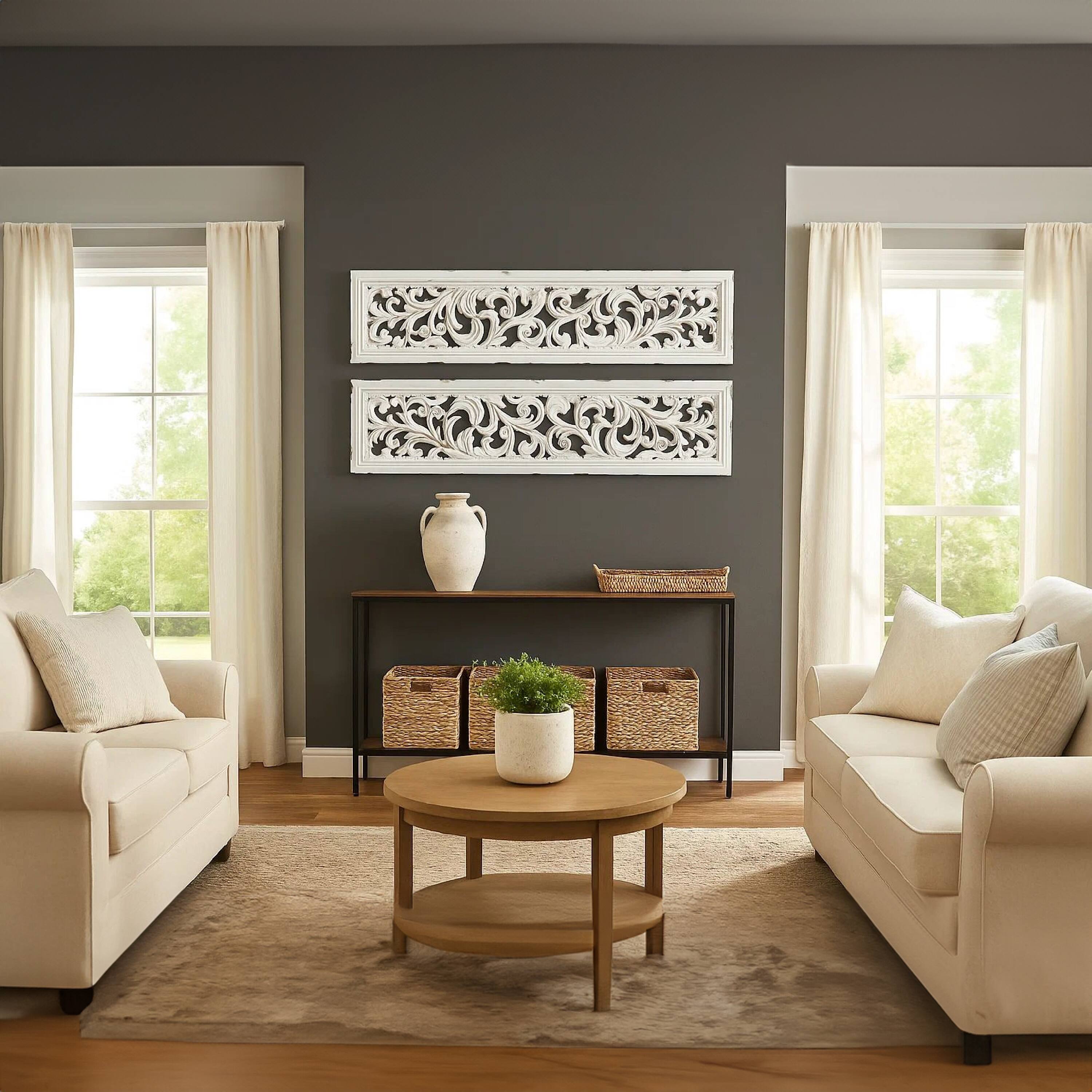 Alt View 10. Manhattan Lane - Ozy Carved Wall Art Panel Set of 2, Handcrafted Distressed White Mango Wood, 50 Inch Tall - White.