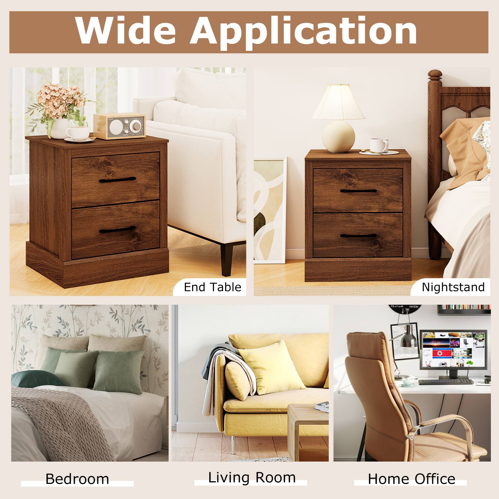 The corrected text is:

Wide Application

End Table
Nightstand
Bedroom
Living Room
Home Office
