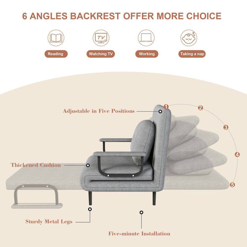 6 Angles Backrest Offer More Choice

- Reading
- Watching TV
- Working
- Taking a nap

Adjustable in Five Positions

- Thickened Cushion
- Sturdy Metal Legs
- Five-minute Installation
