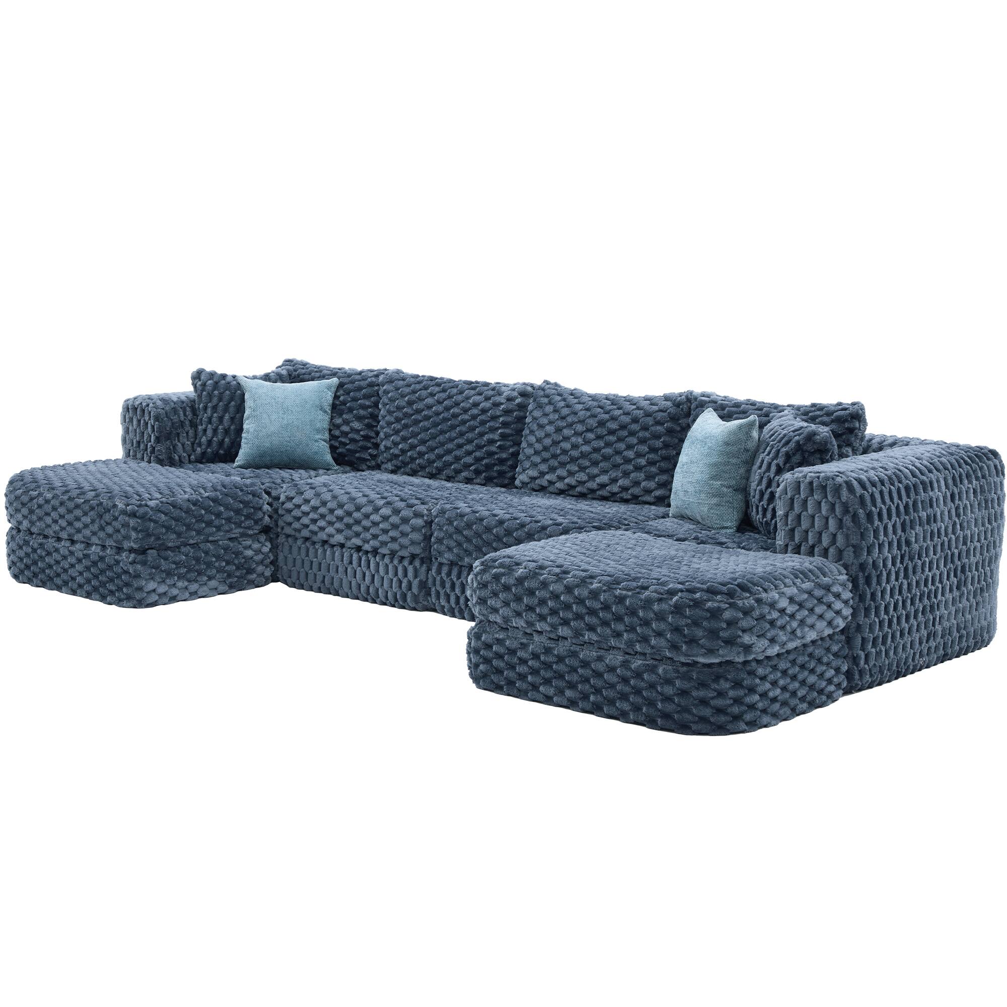 Left. Whisen - Modular Boneless Sectional Sofa with Two Movable Ottomans for Living Room - Blue.