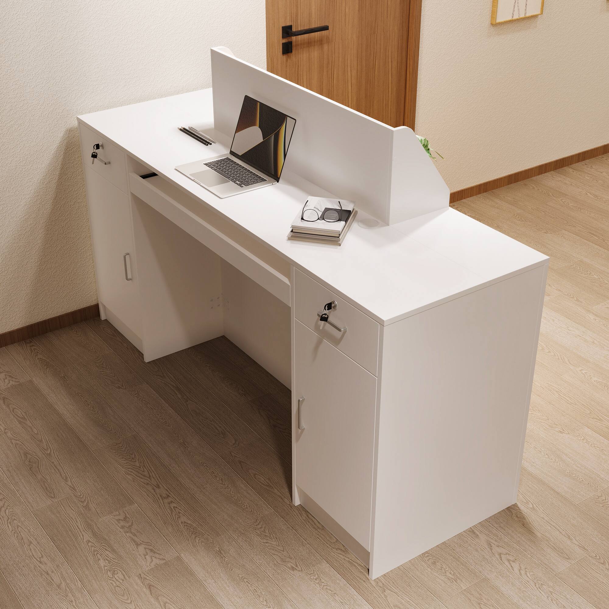 Left. Famapy - 61" White Reception Desk with LED Light, Locking Drawers, Keyboard Tray, Salon Office Counter - White.