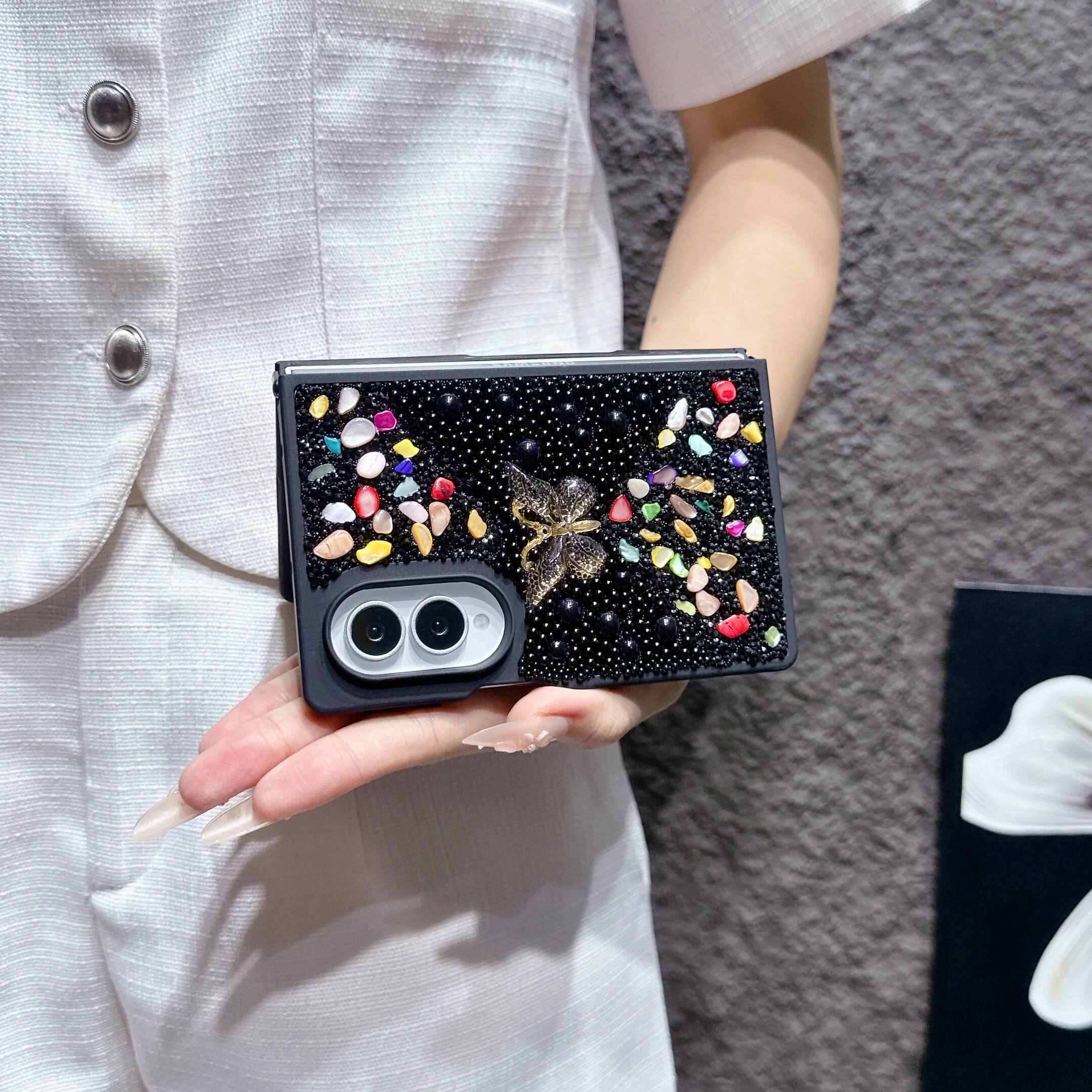 Back. Dteck - Diamond Case for Samsung Galaxy Z Fold 8, Sparkle Glitter Rhinestone Butterfly Phone Cover with Strap - Black.