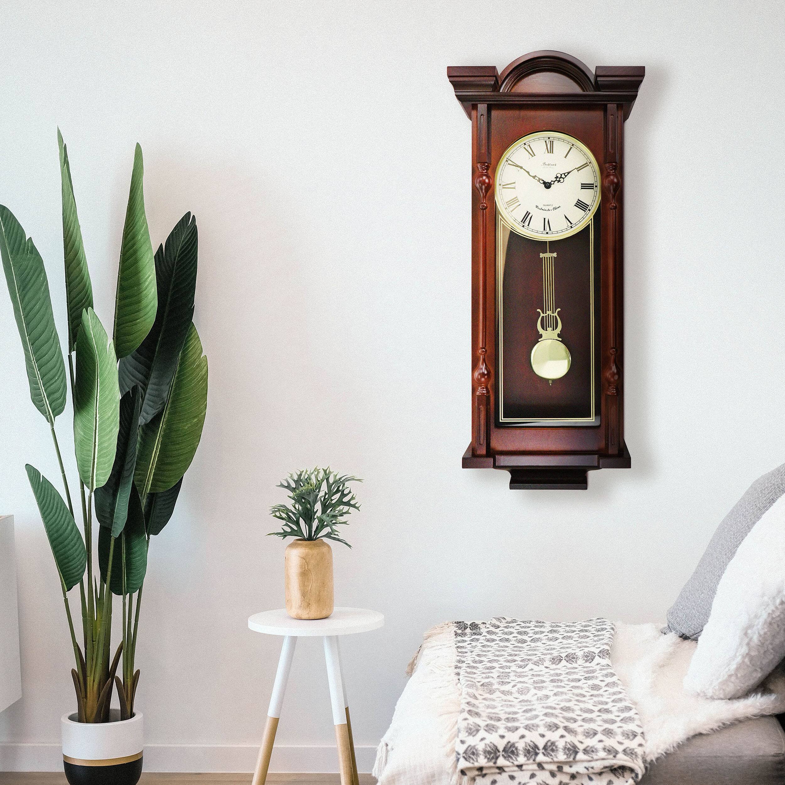 Alt View 6. Bedford Clock Collection - Bedford Clock Collection Grand 31 Inch Chiming Pendulum Wall Clock in Antique Mahogany Cherry Finish - Brown.