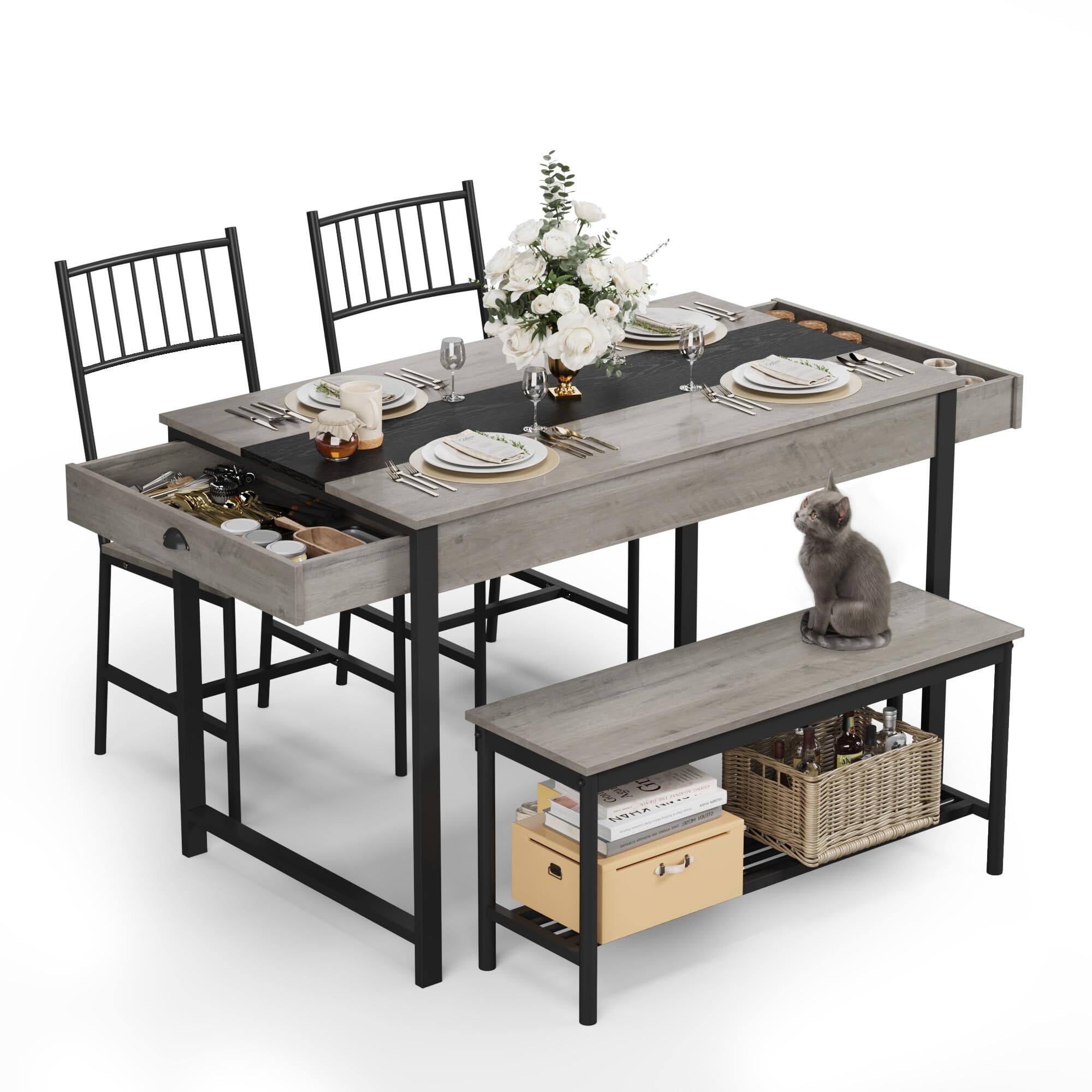 Babevy - 4-Piece Dining Room Table Set, Table with Double Drawers, 2 Chairs, 1 Bench, Storage & Space Saving - Gray