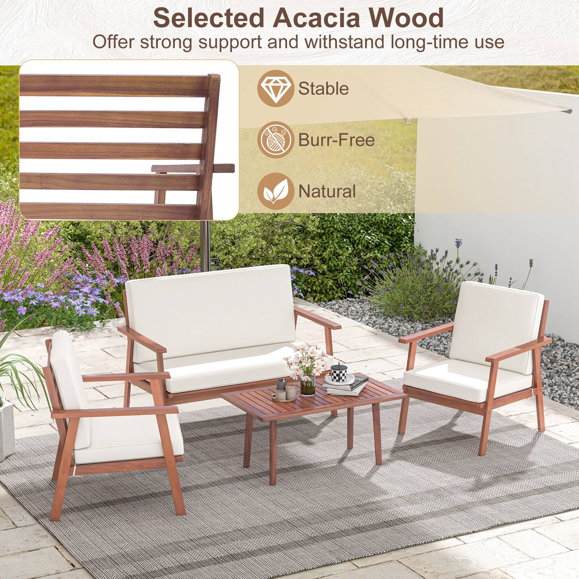 Selected Acacia Wood  
Offer strong support and withstand long-time use  

- Stable  
- Burr-Free  
- Natural