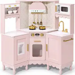 Best Choice Products - Cottage Corner Play Kitchen for Kids, Wooden Toy Kitchen w/ Espresso, Ice Maker, Sink, 11pc - Pink - Pink Cottage
