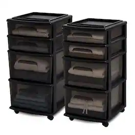 Homz - Tall Solid Plastic 4 Drawer Medium Storage Cart with Wheels, (2 Pack) - Black