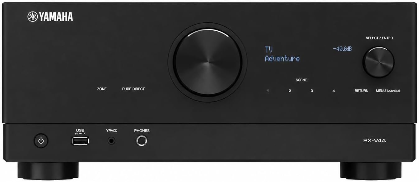 YAMAHA SELECT / ENTER  
TU Adventure  
-40.0dB  
SCENE  
1 2 3 4  
RETURN MENU (CONNECT)  
USB SV-1A SV A YPAOD PHONES  
RX-V4A