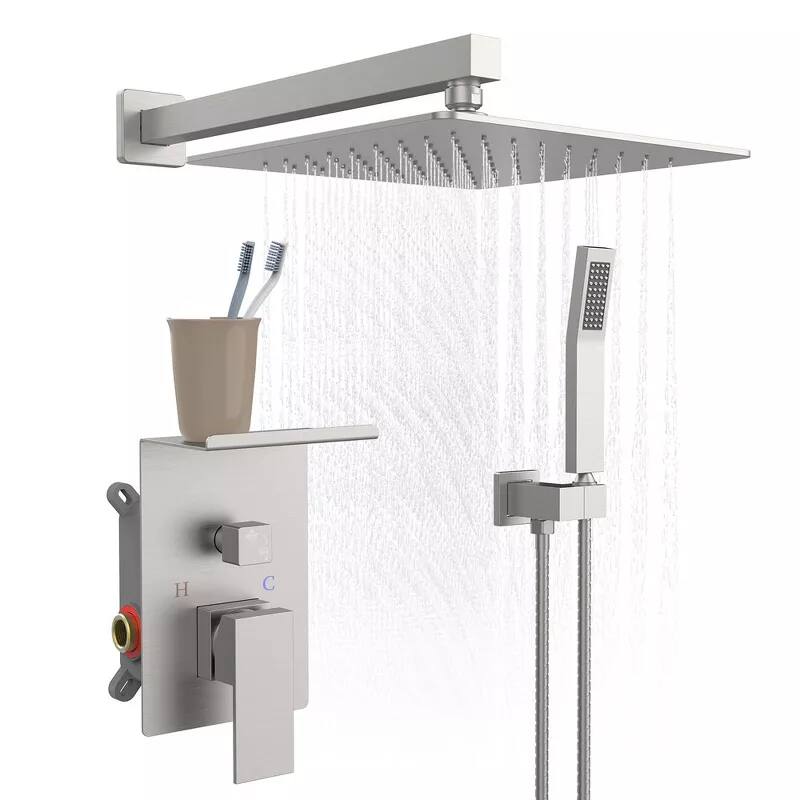 MOOSOO - Rainfall Shower System With Storage Rack 10 inch Shower Faucet Set with Square Shower Head - Brushed Nickel