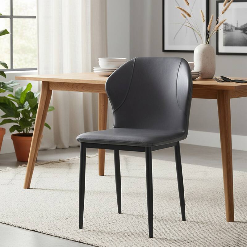 Angle. LeisureMod - Mosaic Modern Fabric Upholstered Side Dining Chair with Accent Diamond Stitched Backrest and Metal Legs - Charcoal.
