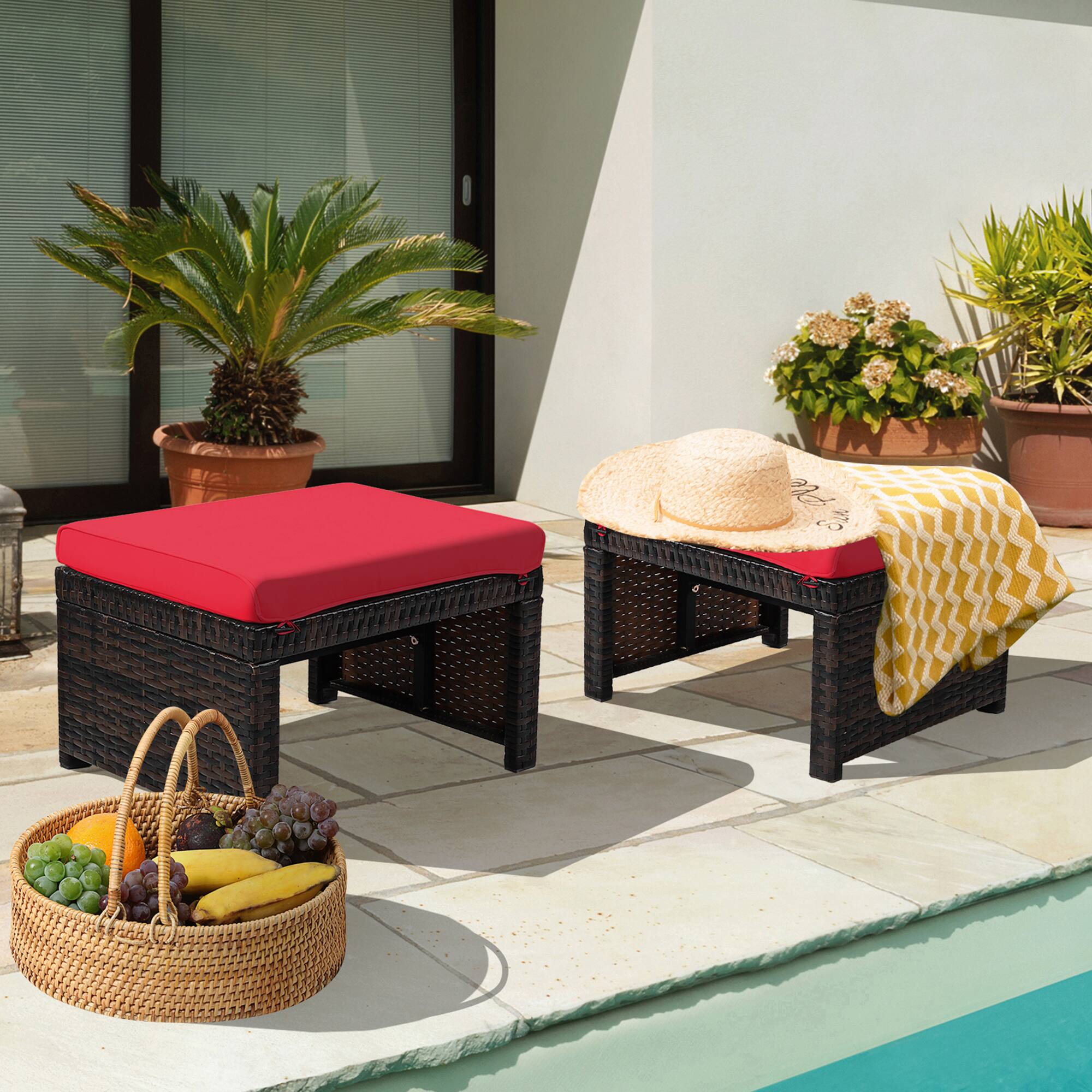 Alt View 2. Gymax - Gymax Set of 2 Rattan Ottoman Footrest Footstool Patio Furniture w/ Red Cushion - Red.