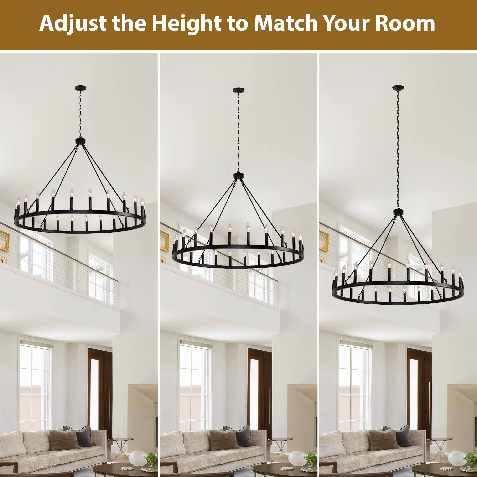 Alt View 2. RYHNUYNE - 48" Farmhouse Wagon Wheel Chandelier 24-Light Round Large Pendant Light Fixture Black Metal Chandelier for Porch Barn - Black.