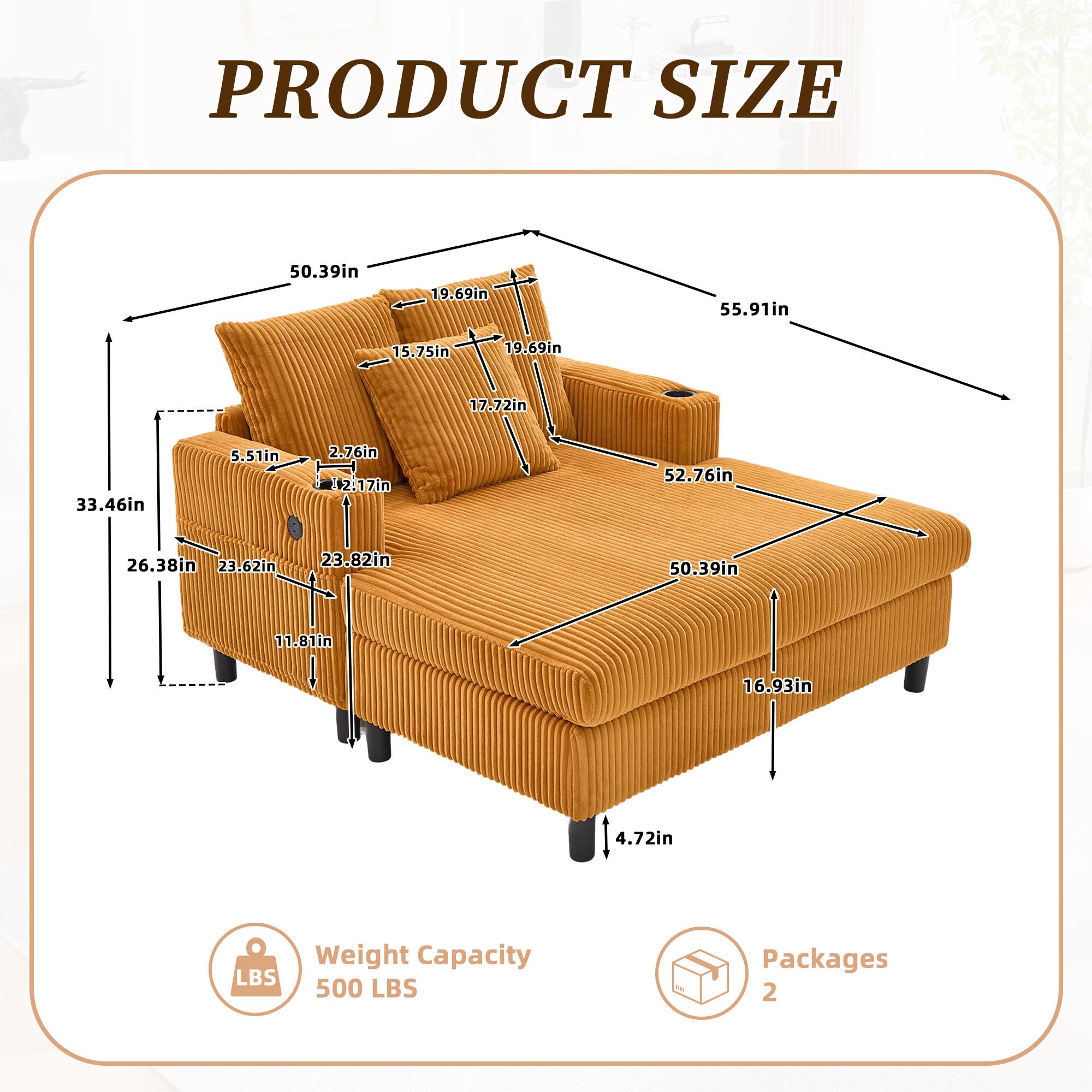 PRODUCT SIZE

- 50.39in
- 19.69in
- 55.91in
- 15.75in
- 19.69in
- 17.72in
- 33.46in
- 5.51in
- 2.76in
- 2.17in
- 52.76in
- 26.38in
- 23.62in
- 23.82in
- 50.39in
- 11.81in
- 16.93in
- 4.72in

Weight Capacity: 500 LBS

Packages: 2