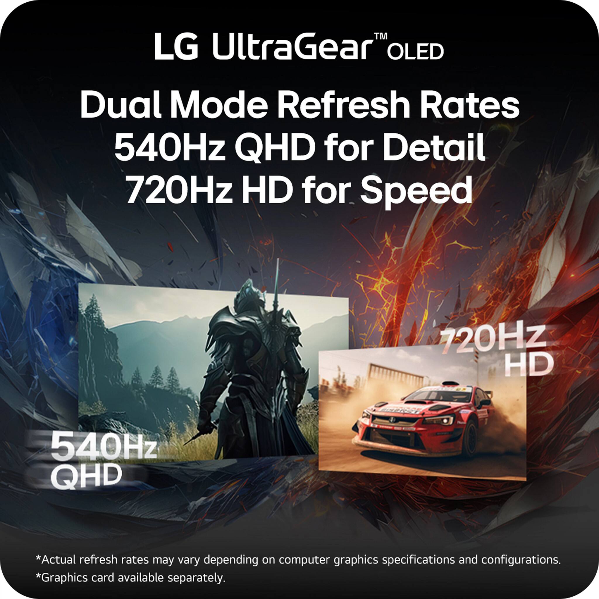 LG UltraGear™ OLED  
Dual Mode Refresh Rates  
540Hz QHD for Detail  
720Hz HD for Speed  

*Actual refresh rates may vary depending on computer graphics specifications and configurations.  
*Graphics card available separately.