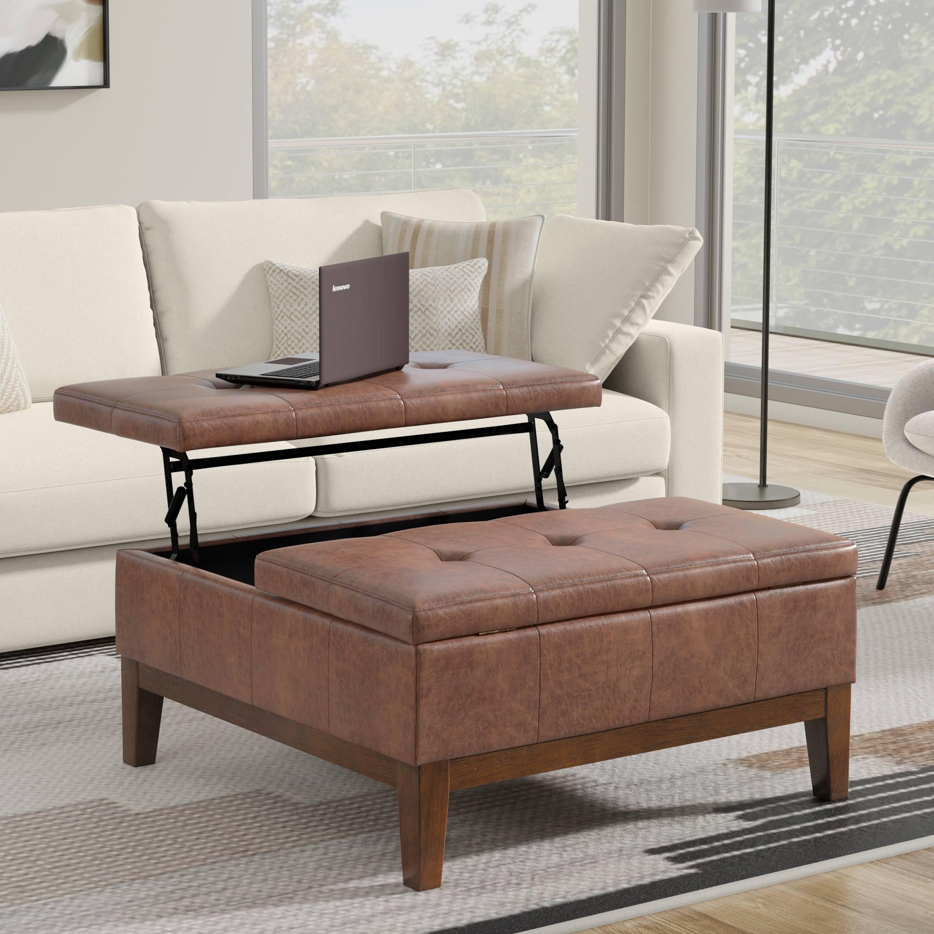 Angle. Simpli Home - Dover 36 inch Contemporary Lift Top Coffee Table Storage Ottoman in Distressed Saddle Brown Vegan Faux Leather,Assembled - Distressed Saddle Brown.