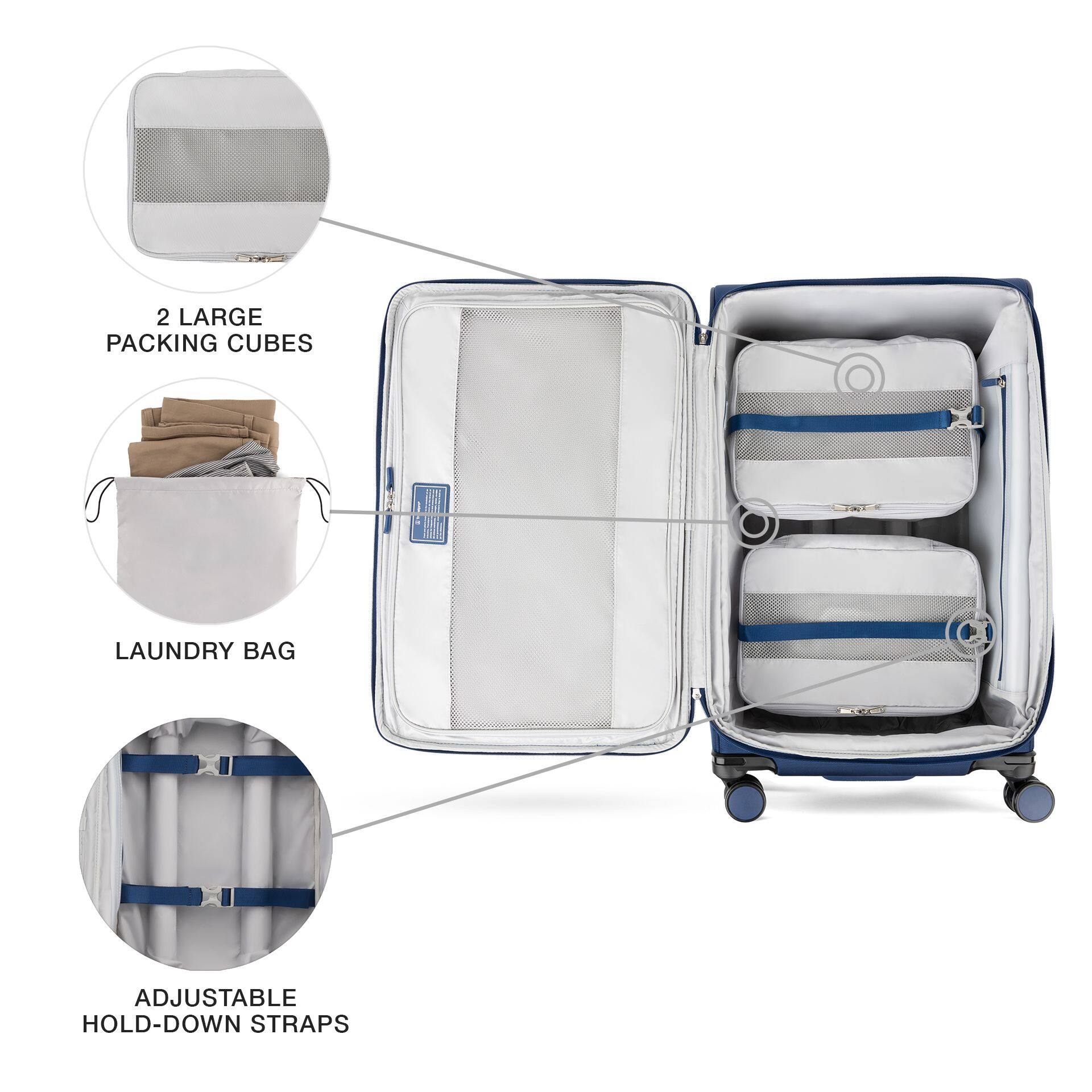 2 LARGE PACKING CUBES  
LAUNDRY BAG  
ADJUSTABLE HOLD-DOWN STRAPS