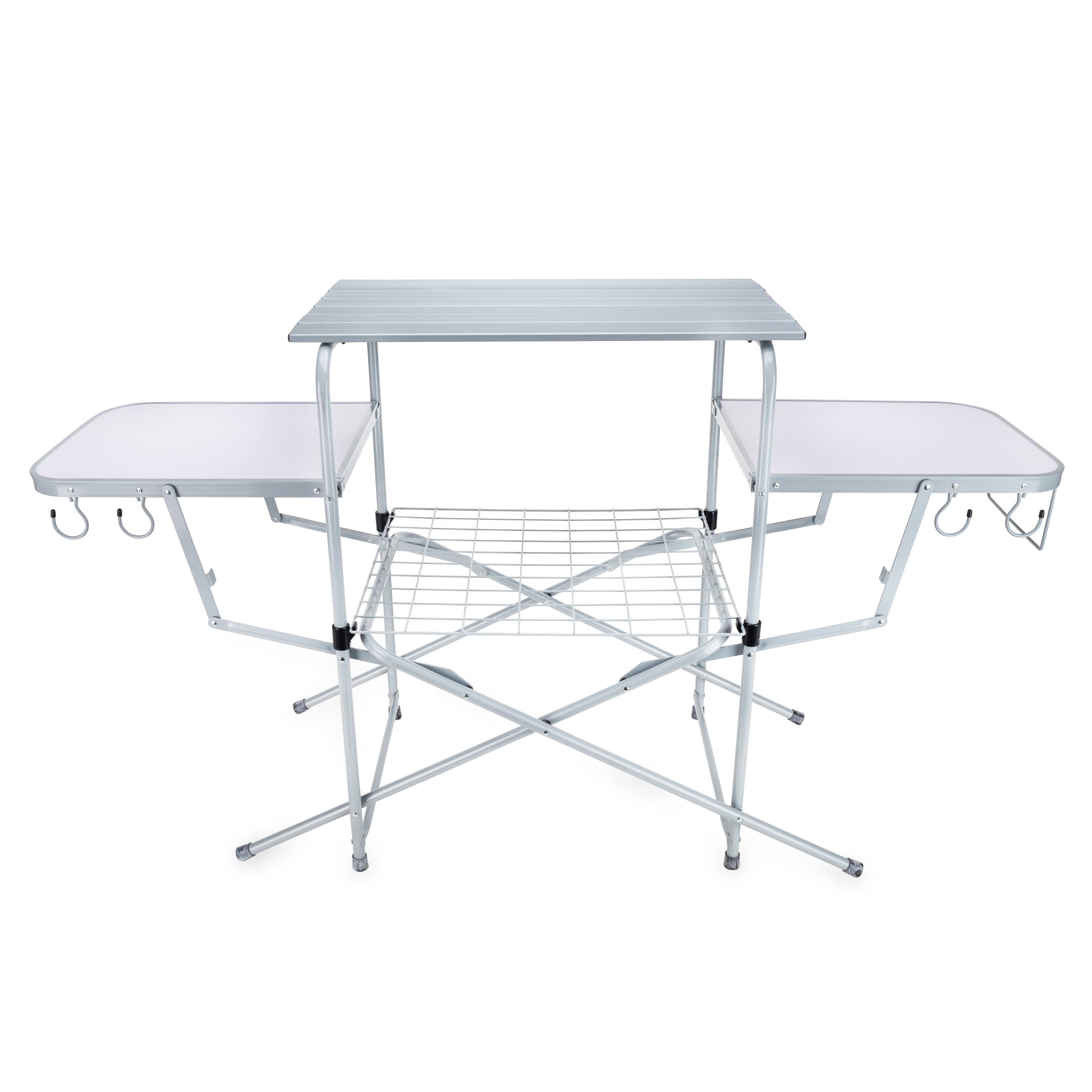 Alt View 3. Camco - Camco Deluxe Folding Outdoor Steel Grill Table with Side Tables, Hooks, and Case - Silver.