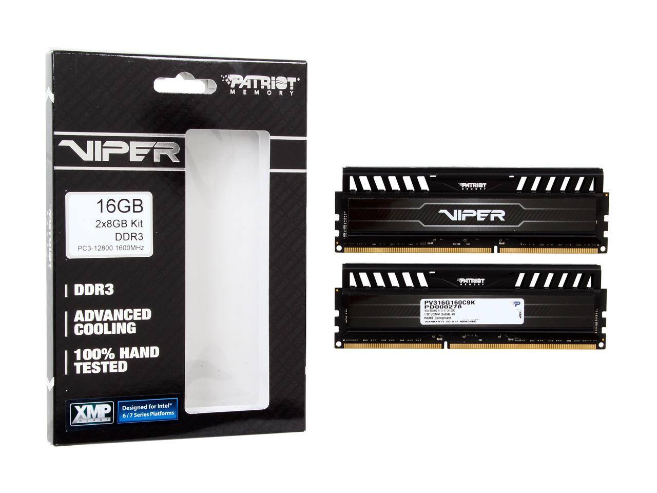 PATRIOT MEMORY  
NIPER  
16GB 2x8GB Kit DDR3 PC3-12800 1600MHZ  
ADVANCED COOLING  
100% HAND TESTED  
Designed for Intel® XMP 6/7 Series Platforms  

PV316G160C9K  
P0D0027I