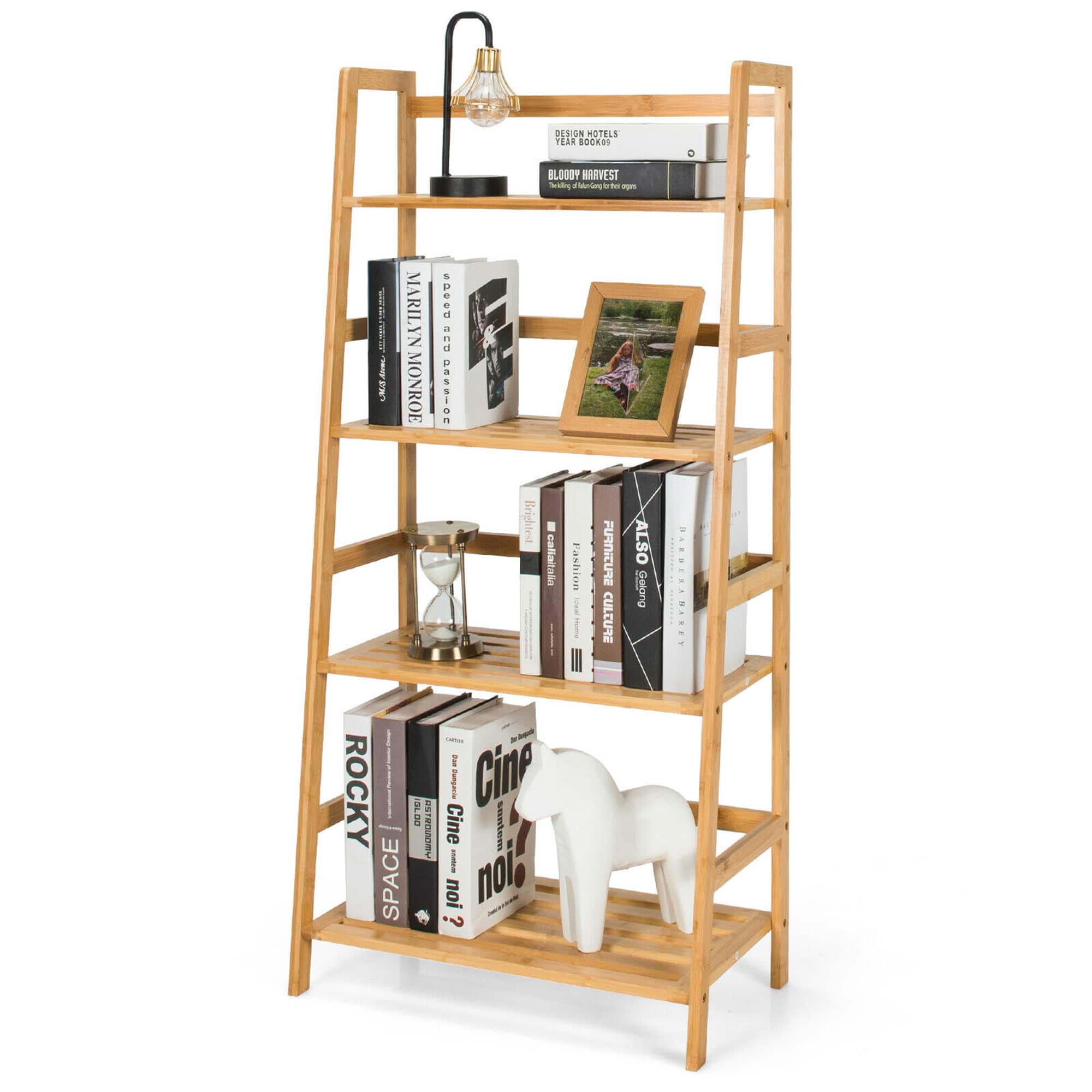 Gymax - 4-Tier Bookshelf Bamboo Ladder Shelf Bathroom Shelves Storage Plant Stand Rack - Natural Wood Color