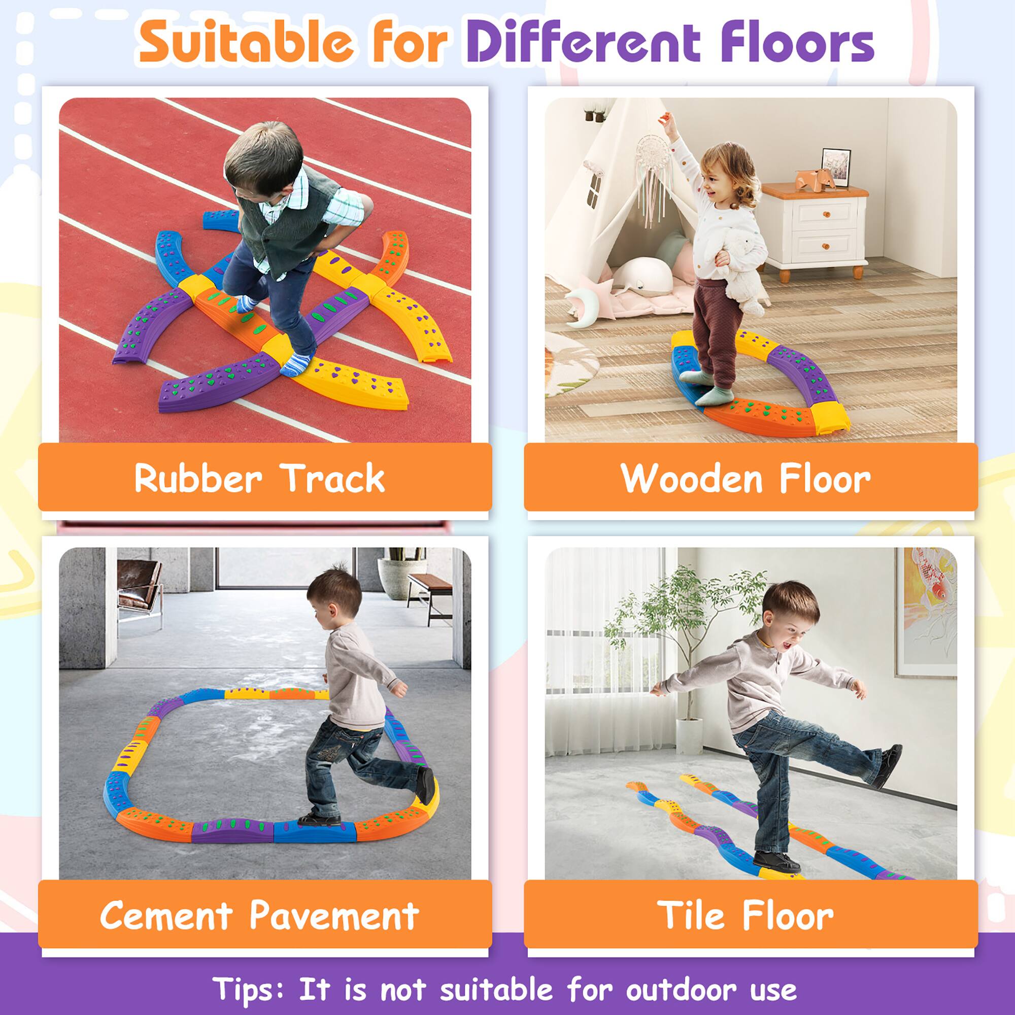 Suitable for Different Floors

- Rubber Track
- Wooden Floor
- Cement Pavement
- Tile Floor

Tips: It is not suitable for outdoor use