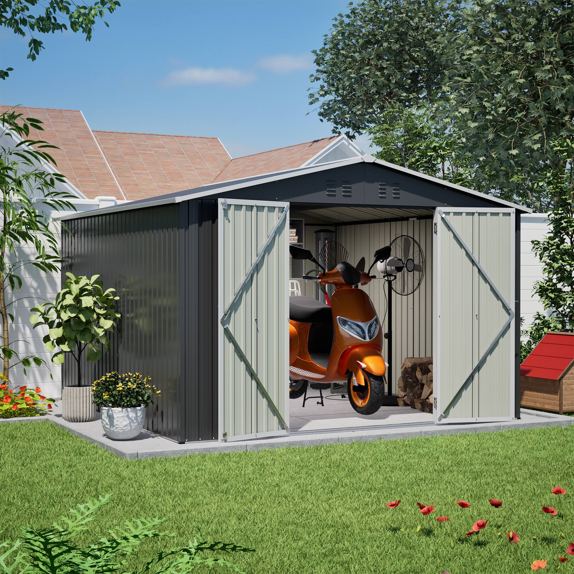 Alt View 10. Loheer - Loheer 10x10 Metal Storage Shed Heavy Duty Black Outdoor Garden Shed Lockable Double Doors.