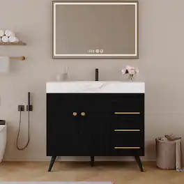 Loheer - 36 inch freestanding bathroom vanity with integrated ceramic sink and faux marble top - Black, White