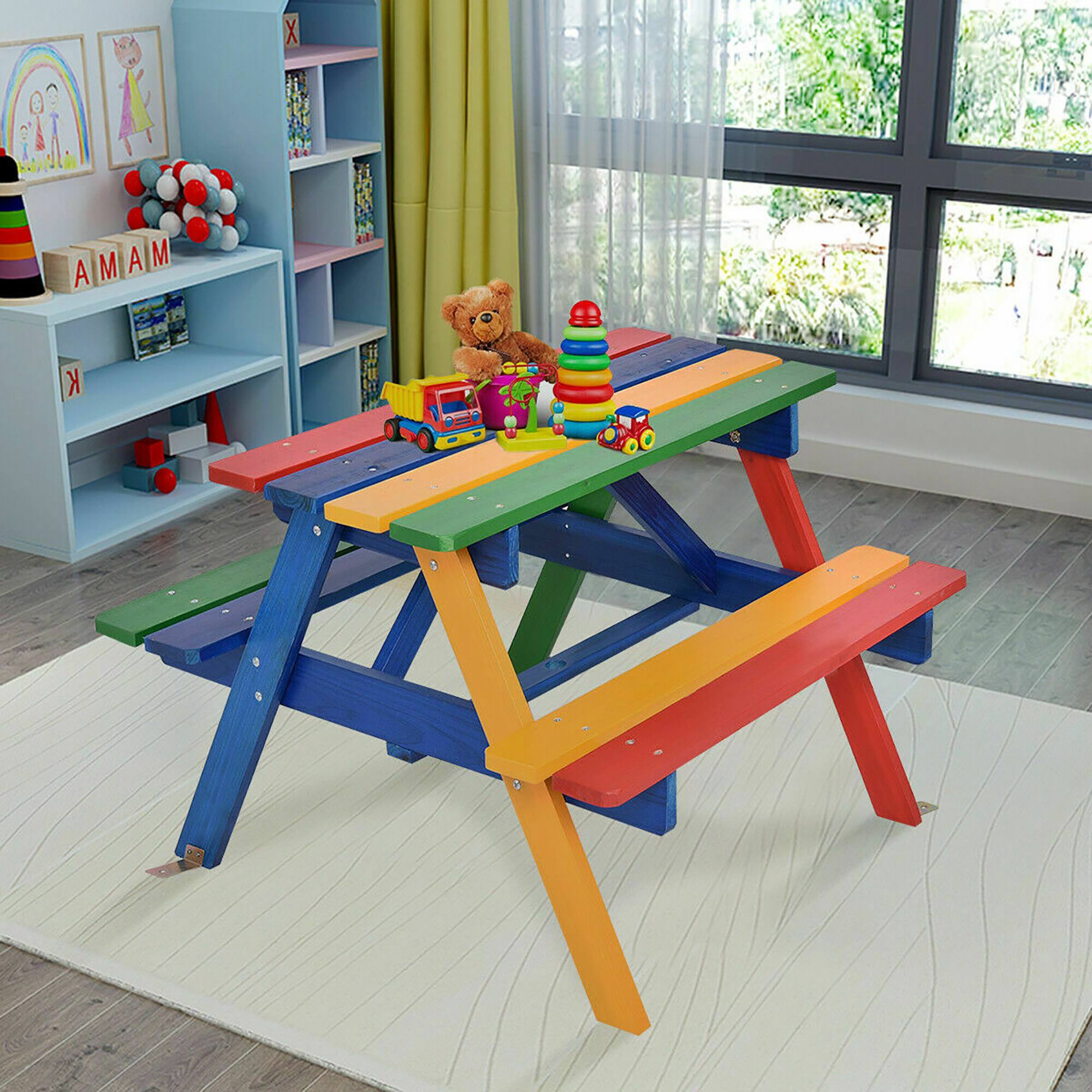 Alt View 9. Costway - Costway 4 Seat Kids Picnic Table w/Umbrella Garden Yard Folding Children Bench Outdoor - Multicolor.