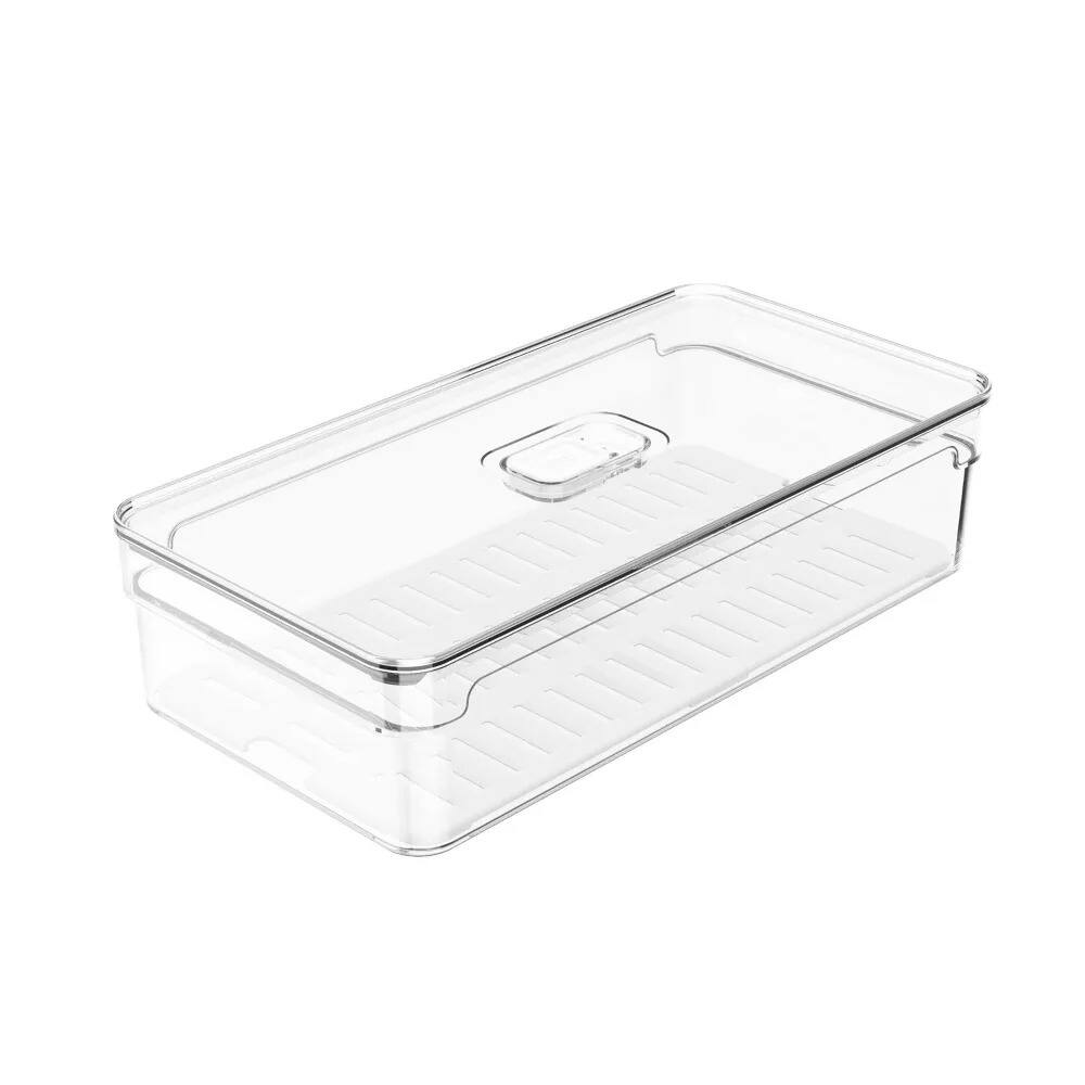 Alt View 7. OU - OU Fridge Organizer Bin with Vented Lid, Clear Stackable Refrigerator Storage Bin, 11.8" Depth - Clear.