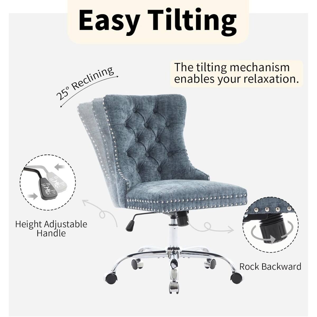 Easy Tilting

The tilting mechanism enables your relaxation.

25° Reclining

Height Adjustable Handle

Rock Backward