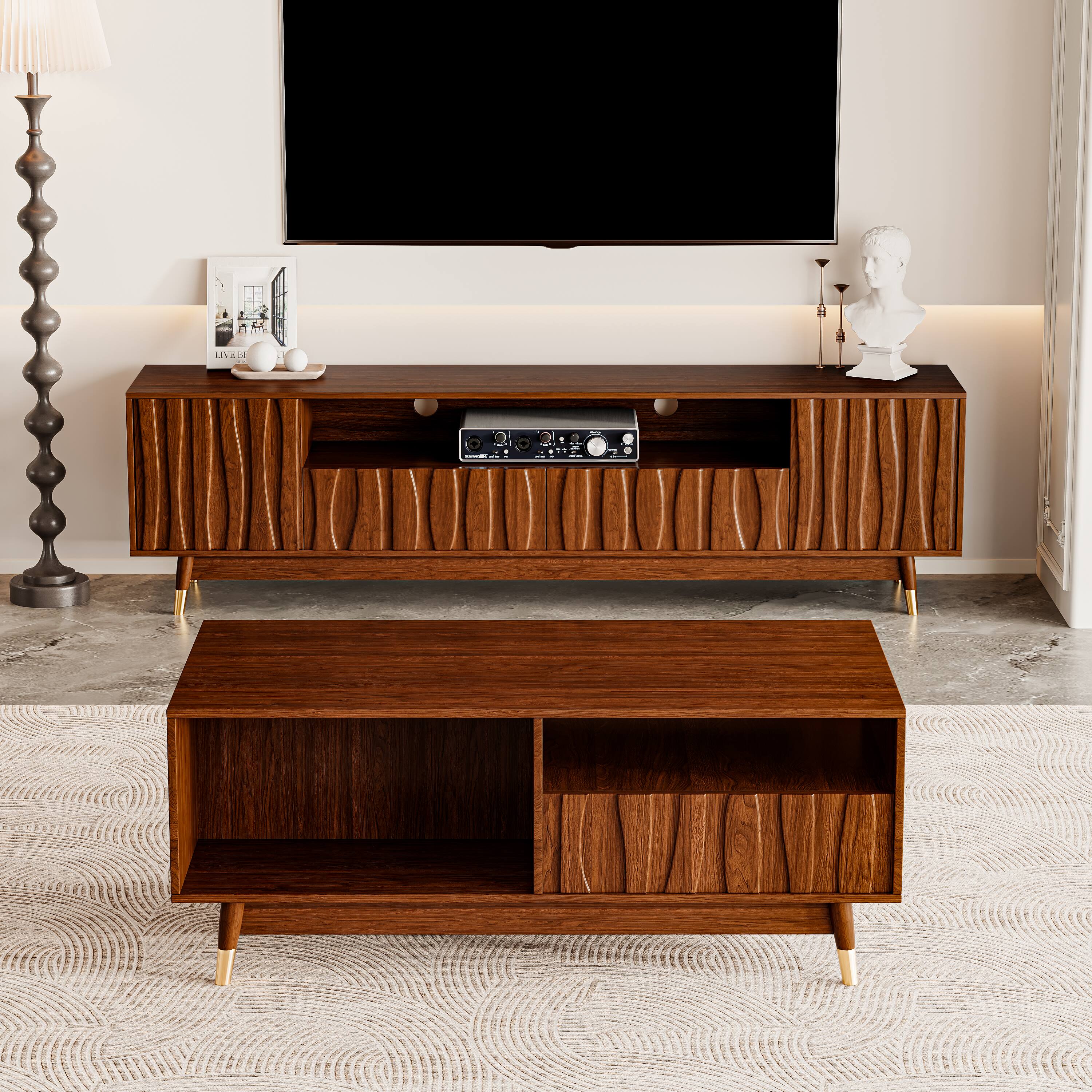 Alt View 1. MSOOB - Walnut TV Stand and Coffee Table Set Mid-Century Modern Entertainment Center for Living Room Media Console up to 85" TV - Brown.