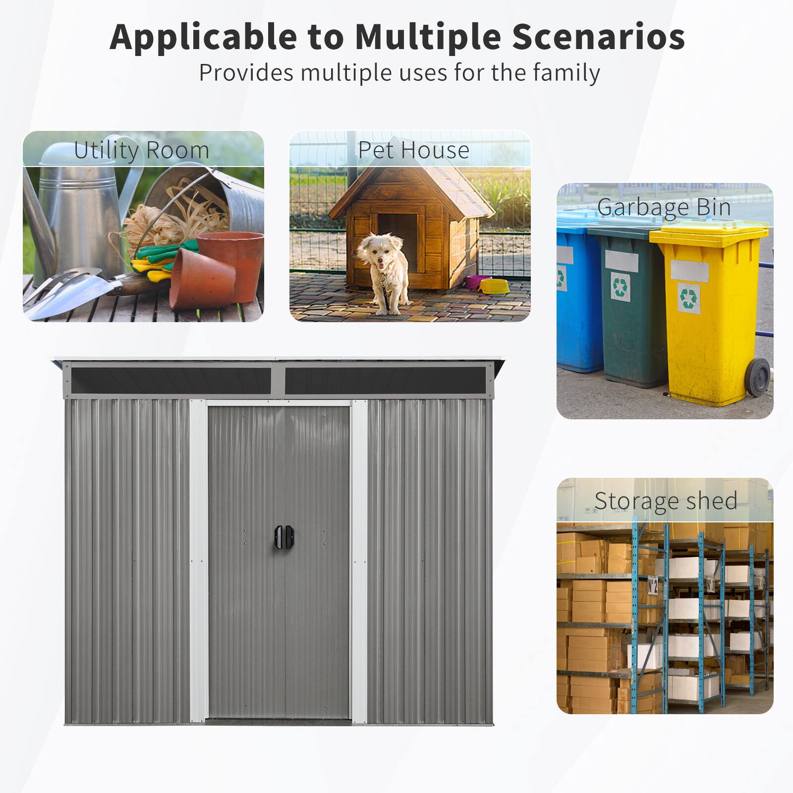 Applicable to Multiple Scenarios  
Provides multiple uses for the family  

- Utility Room  
- Pet House  
- Garbage Bin  
- Storage shed
