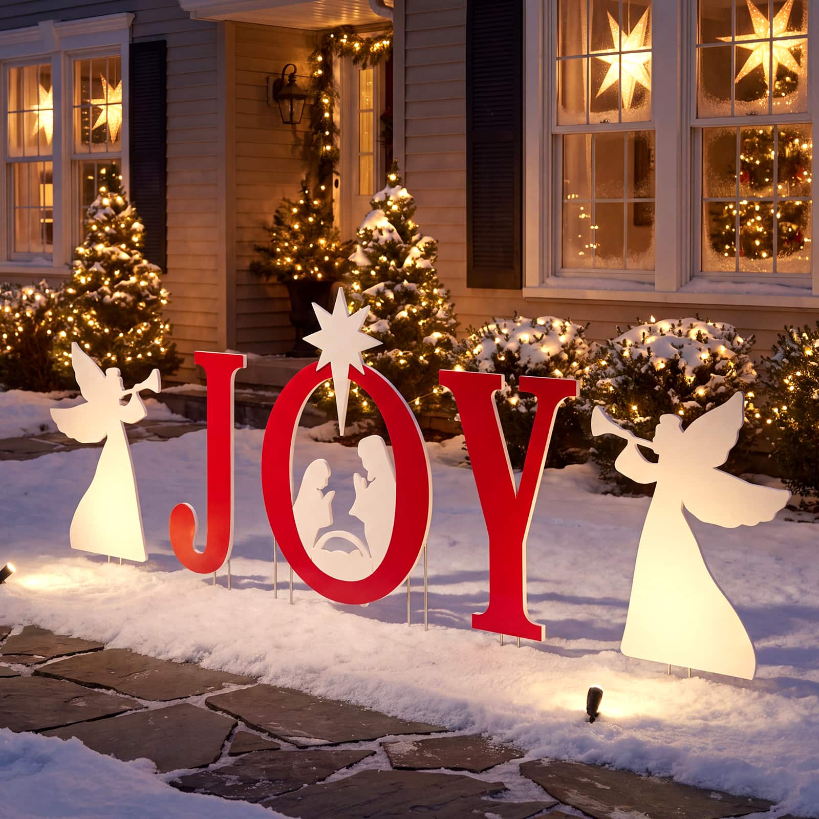Costway - 5 PCS JOY Nativity Christmas Yard Sign Set with Angels, Holy Family Silhouette - Red & White