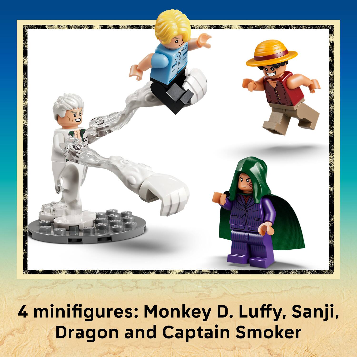 4 minifigures: Monkey D. Luffy, Sanji, Dragon and Captain Smoker