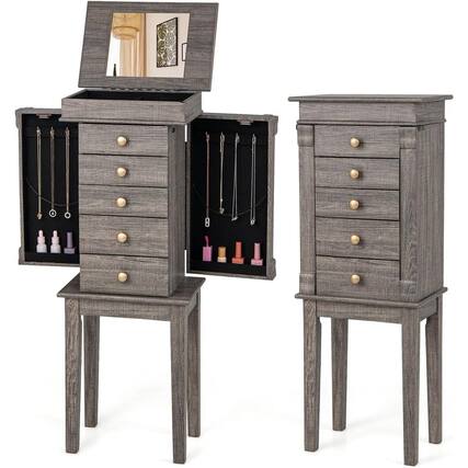Front. SlickBlue - Wood Jewelry Armoire with 5 Drawers and Top Mirror for Bedroom Storage - Washed Grey.