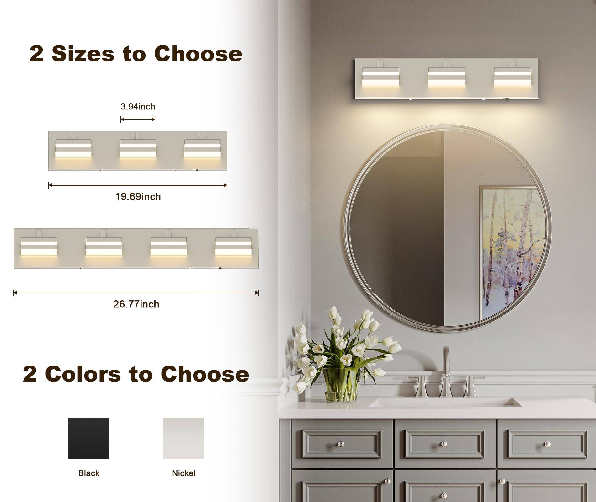 2 Sizes to Choose

- 3.94inch
- 19.69inch
- 26.77inch

2 Colors to Choose

- Black
- Nickel