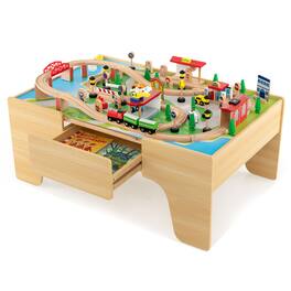 Gymax - Kids Wooden Train Activity Playset w/ Solid Wood Tracks Large Storage Drawer - Natural