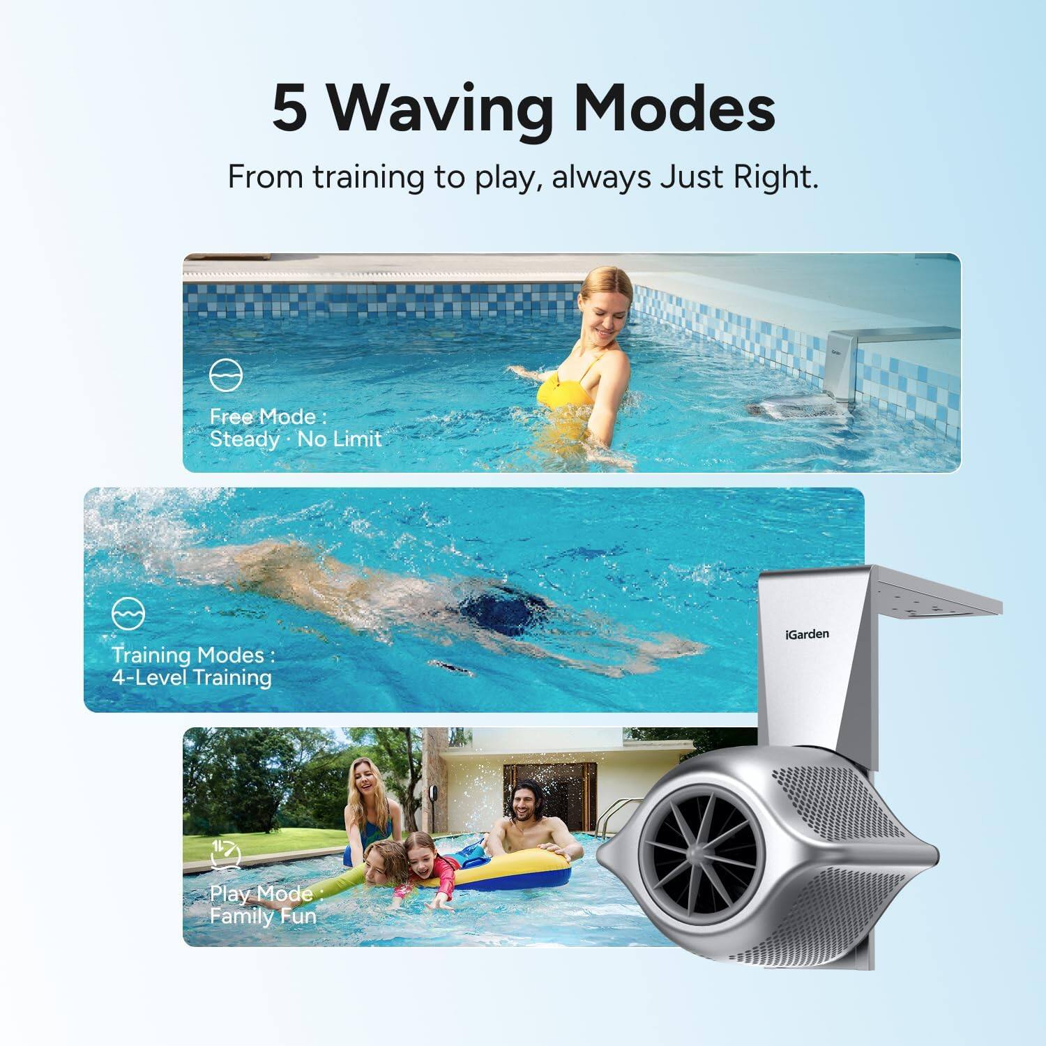 5 Waving Modes

From training to play, always Just Right.

Free Mode: Steady • No Limit

Training Modes: 4-Level Training

Play Mode: Family Fun